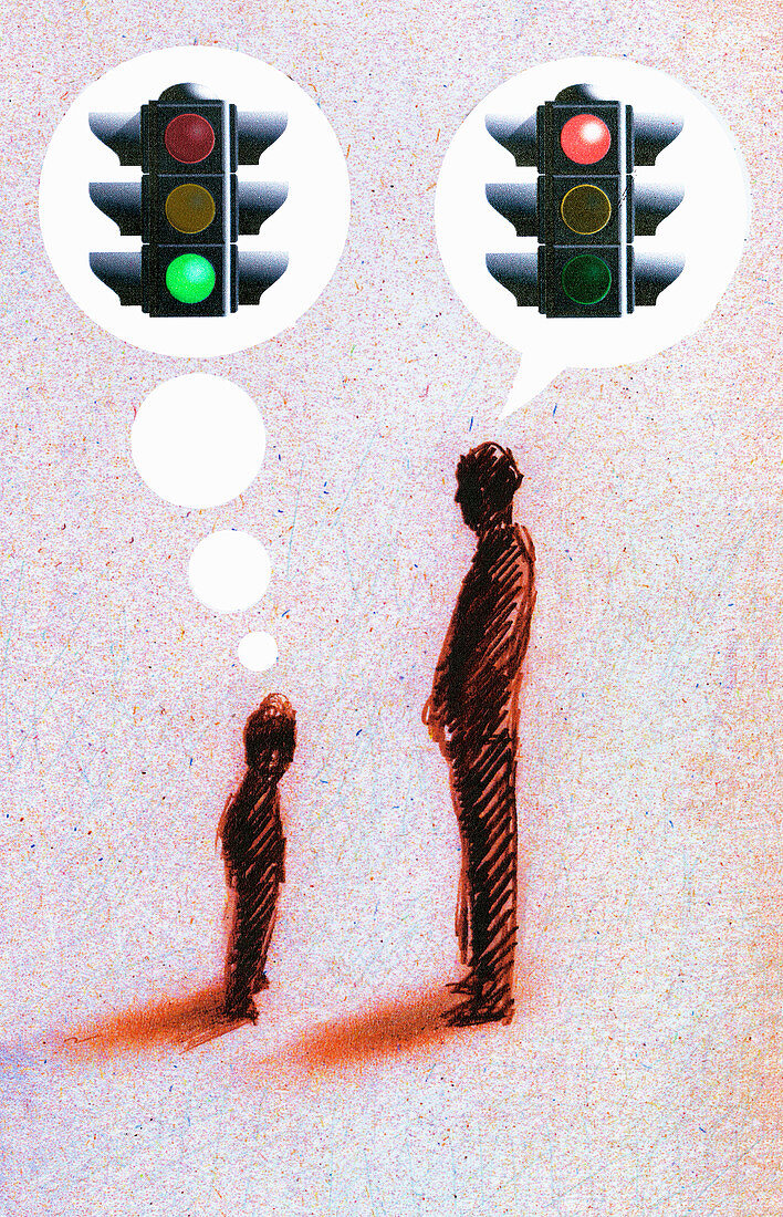 Green light and stoplight in speech bubbles, illustration