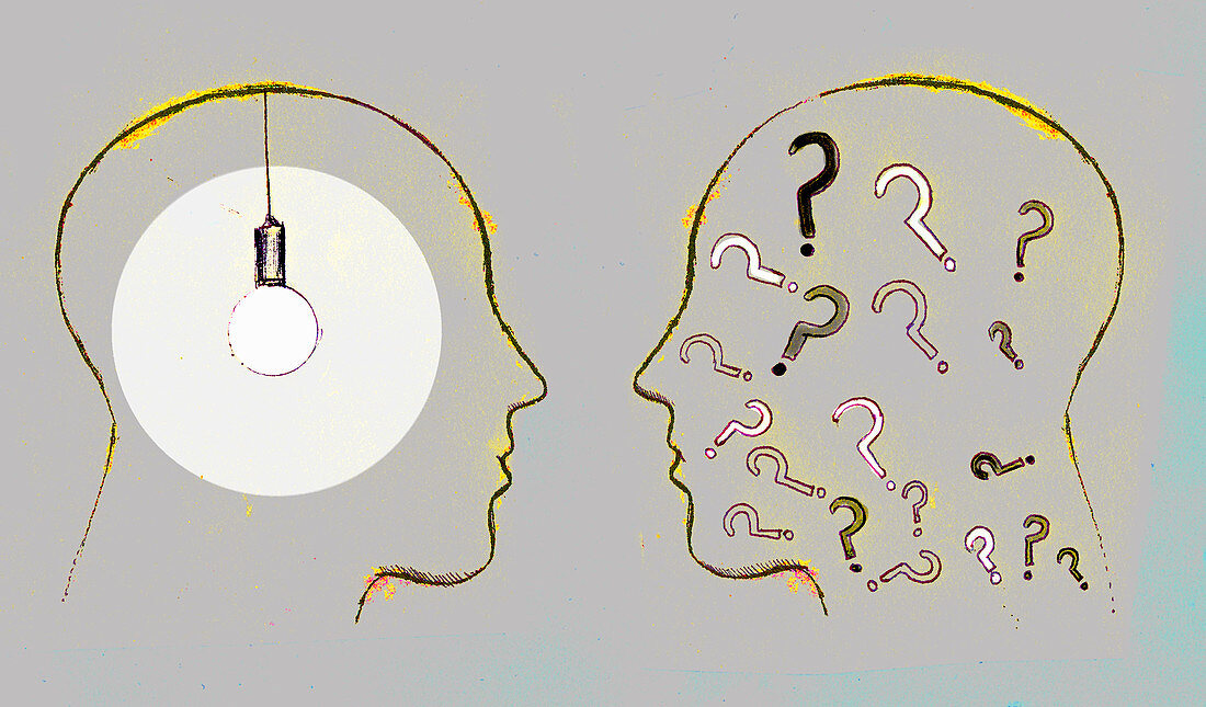 Two profiles with a bulb and question marks, illustration