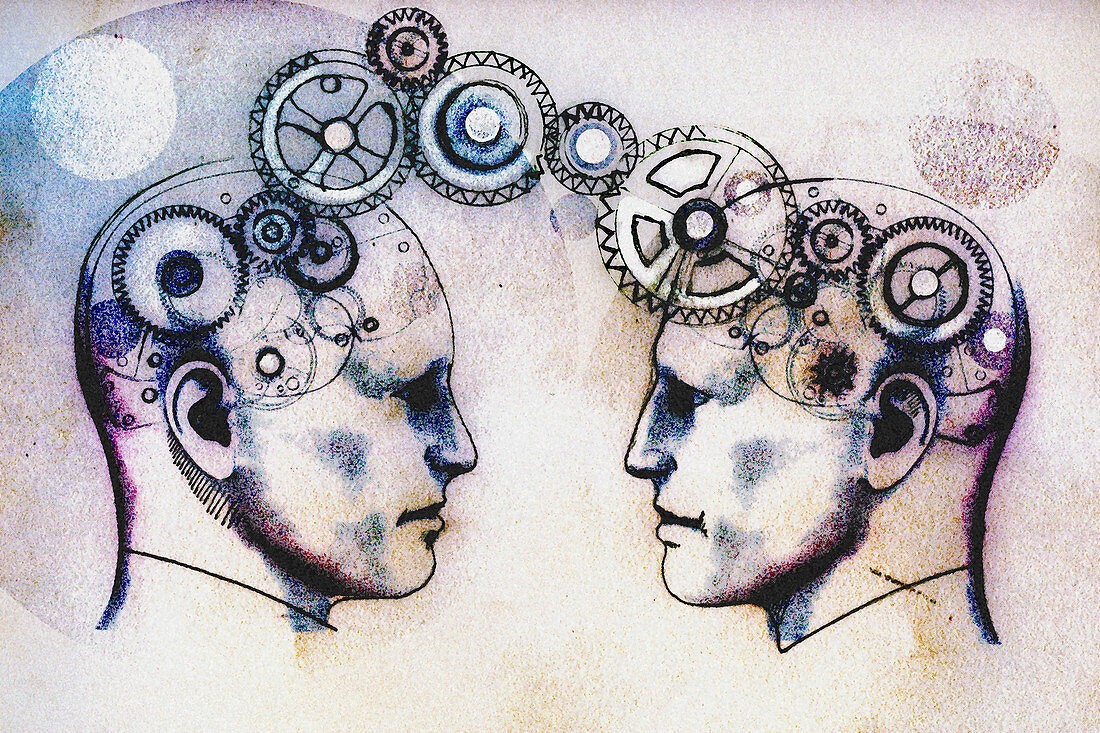 Two men's heads face to face connected by cogs, illustration