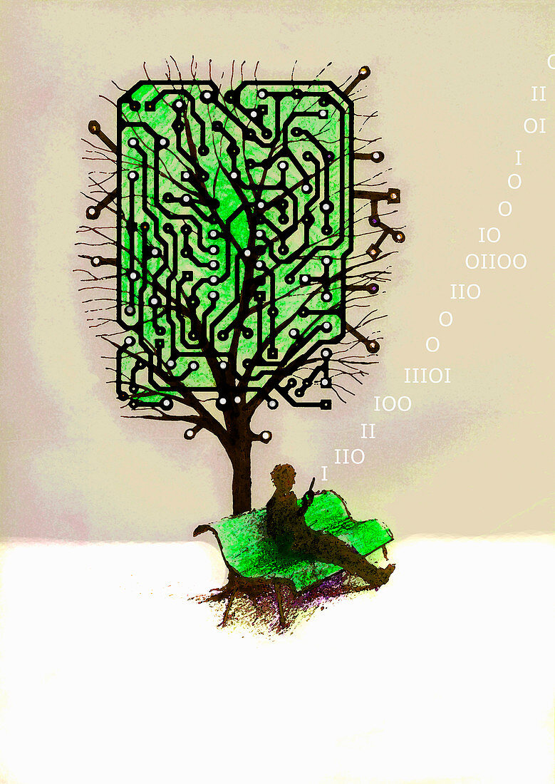 Man using cell phone below circuit board tree, illustration