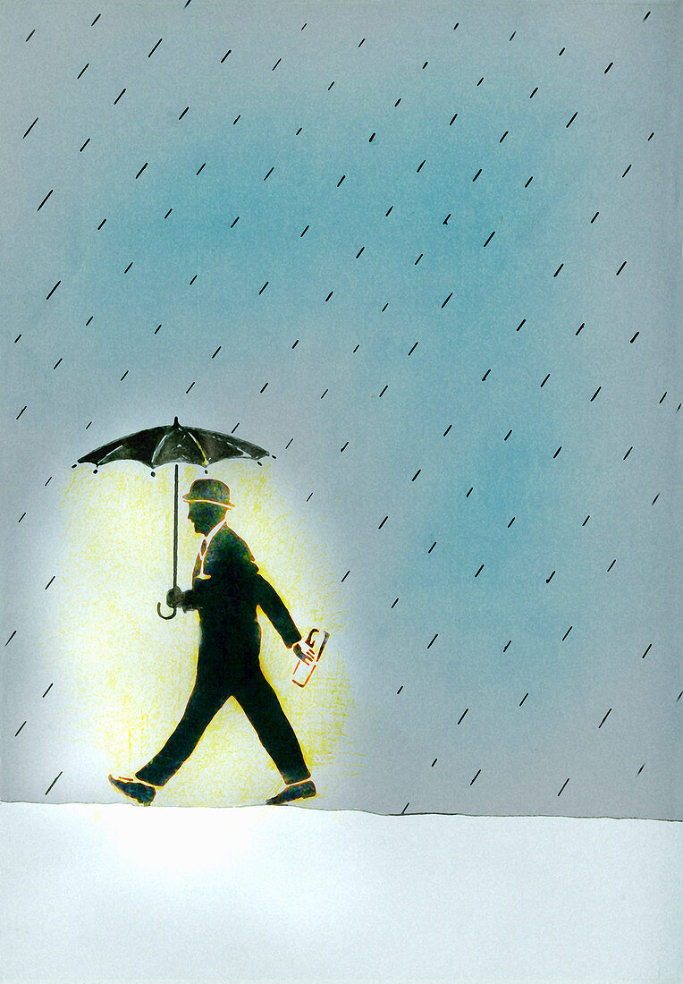 Glowing businessman walking in rain, illustration