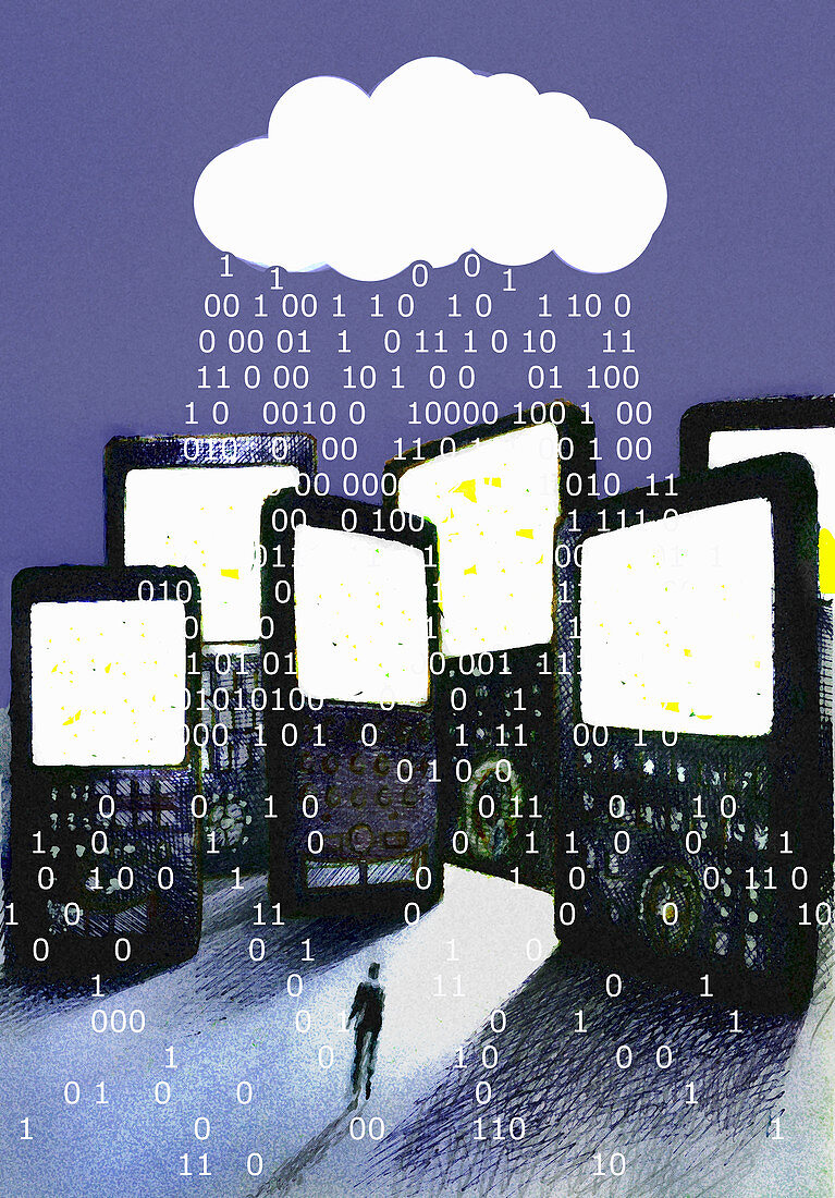 Binary code raining over cell phones and man, illustration