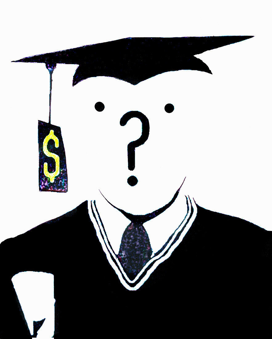 Question mark over face of graduate, illustration