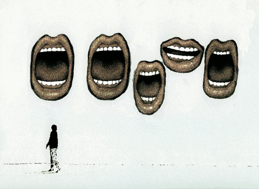 Large open mouths talking above woman, illustration