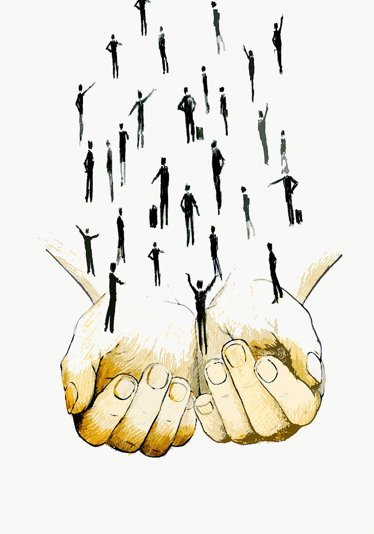 Cupped hands supporting business people, illustration
