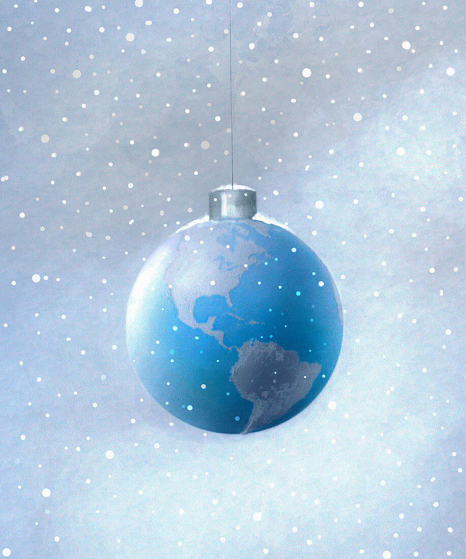 Snow falling around Christmas ornament, illustration