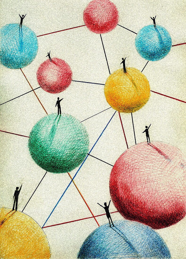 People waving standing on connected balls, illustration
