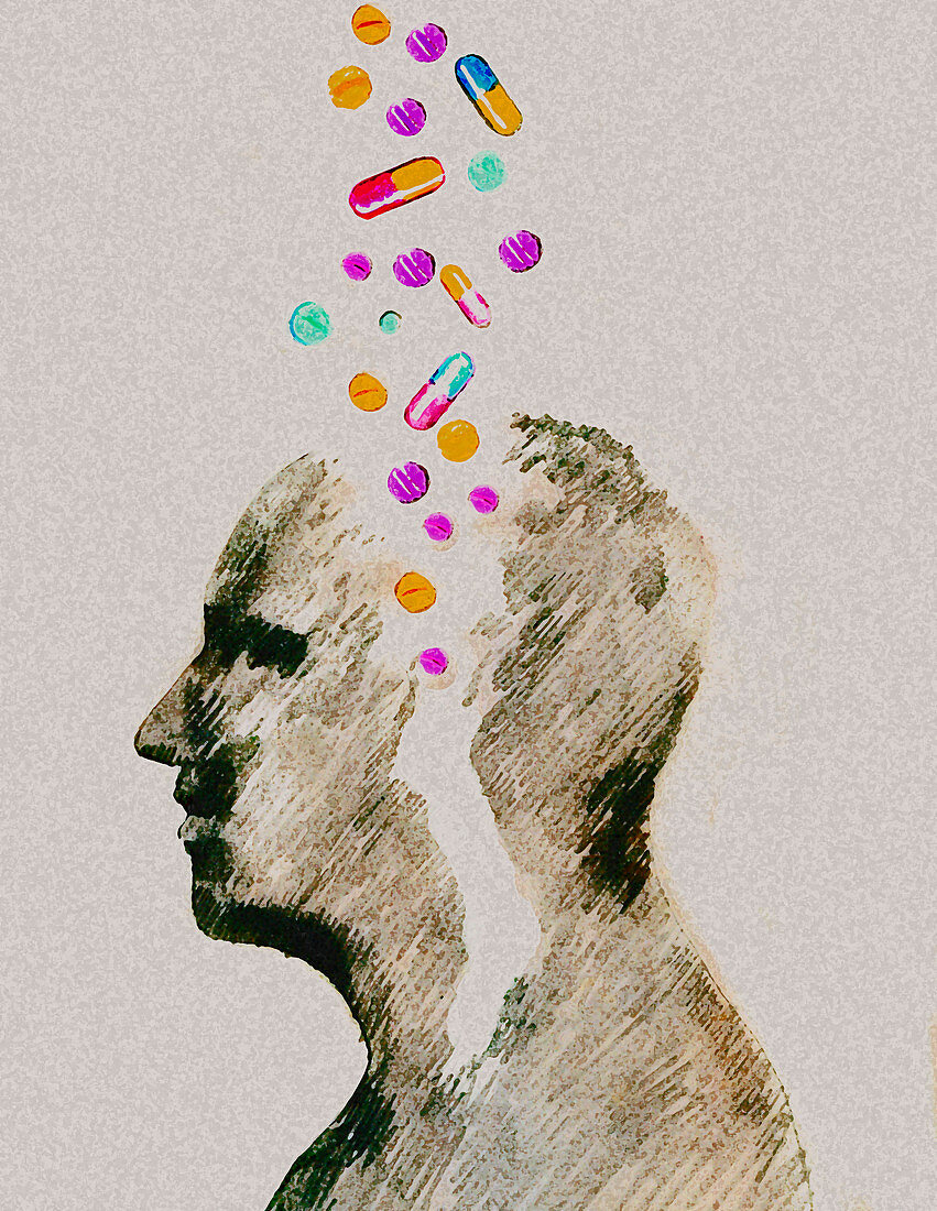 Assorted pills falling into man's head, illustration