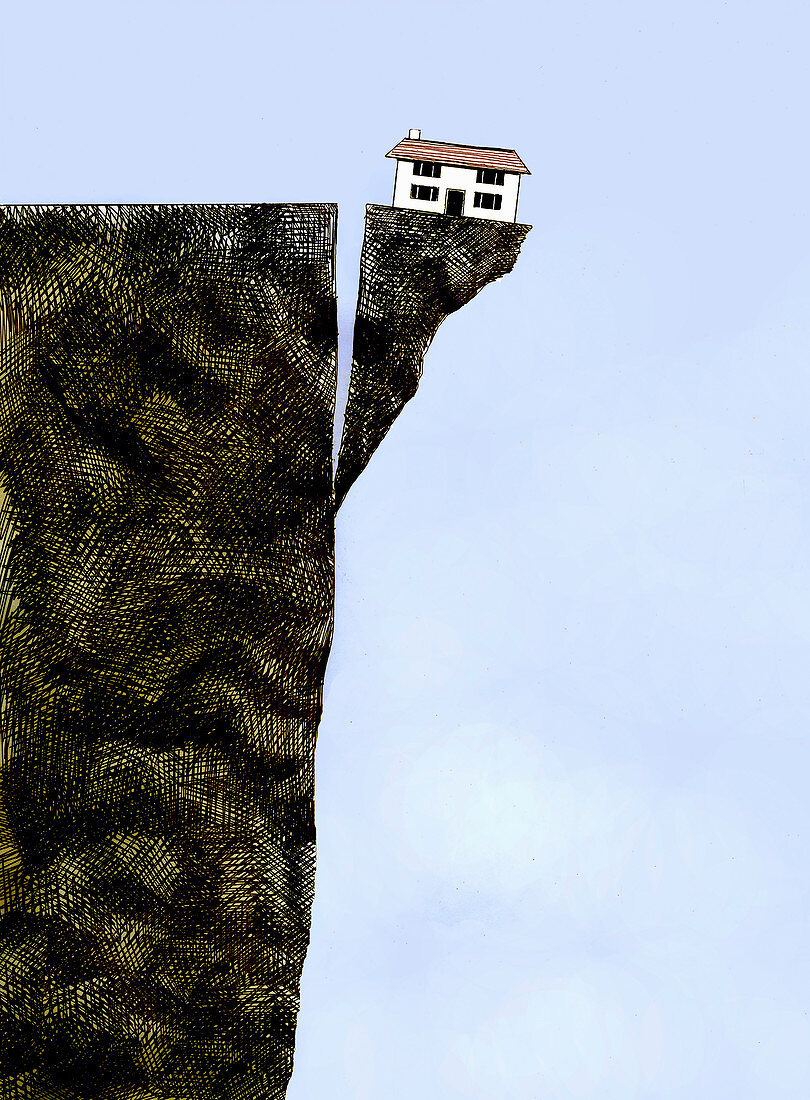 House on edge of cliff breaking away, illustration