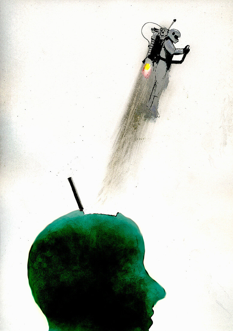 Man with jet pack emerging from green head, illustration