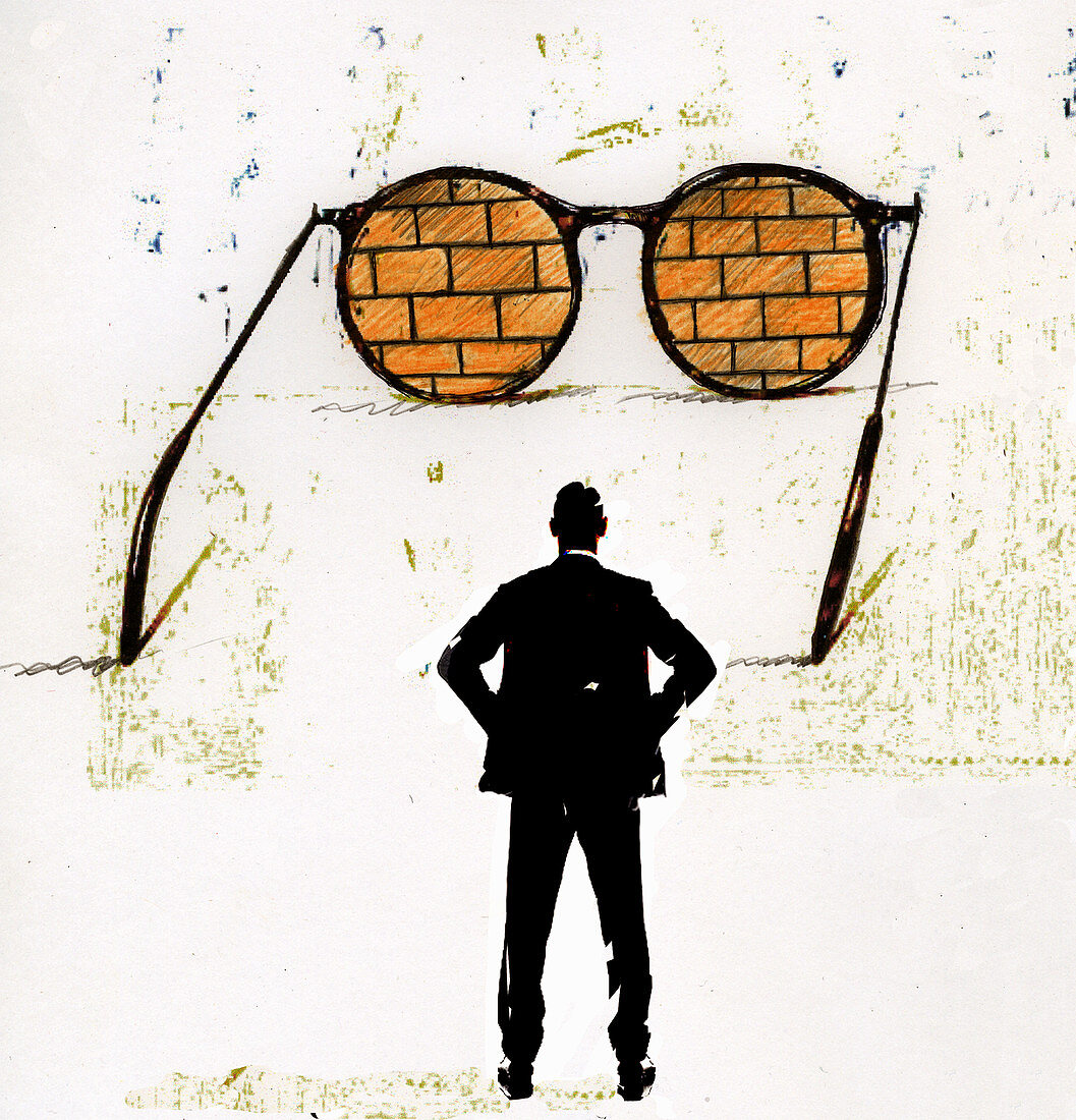 Businessman looking at brick wall, illustration