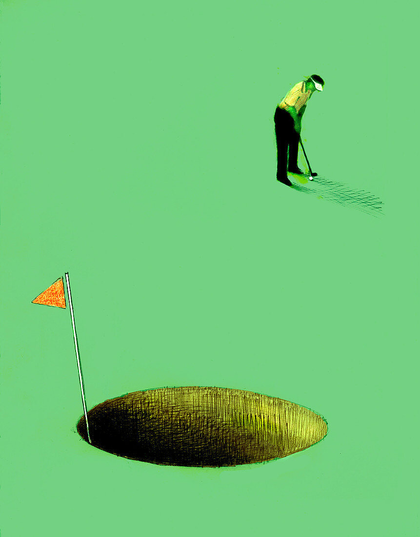 Golfer putting into oversized hole, illustration