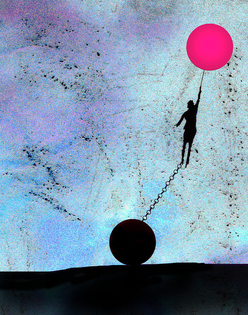 Woman on pink balloon held back by chain, illustration