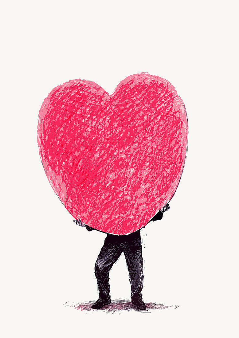 Man struggling to carry large heart shape, illustration