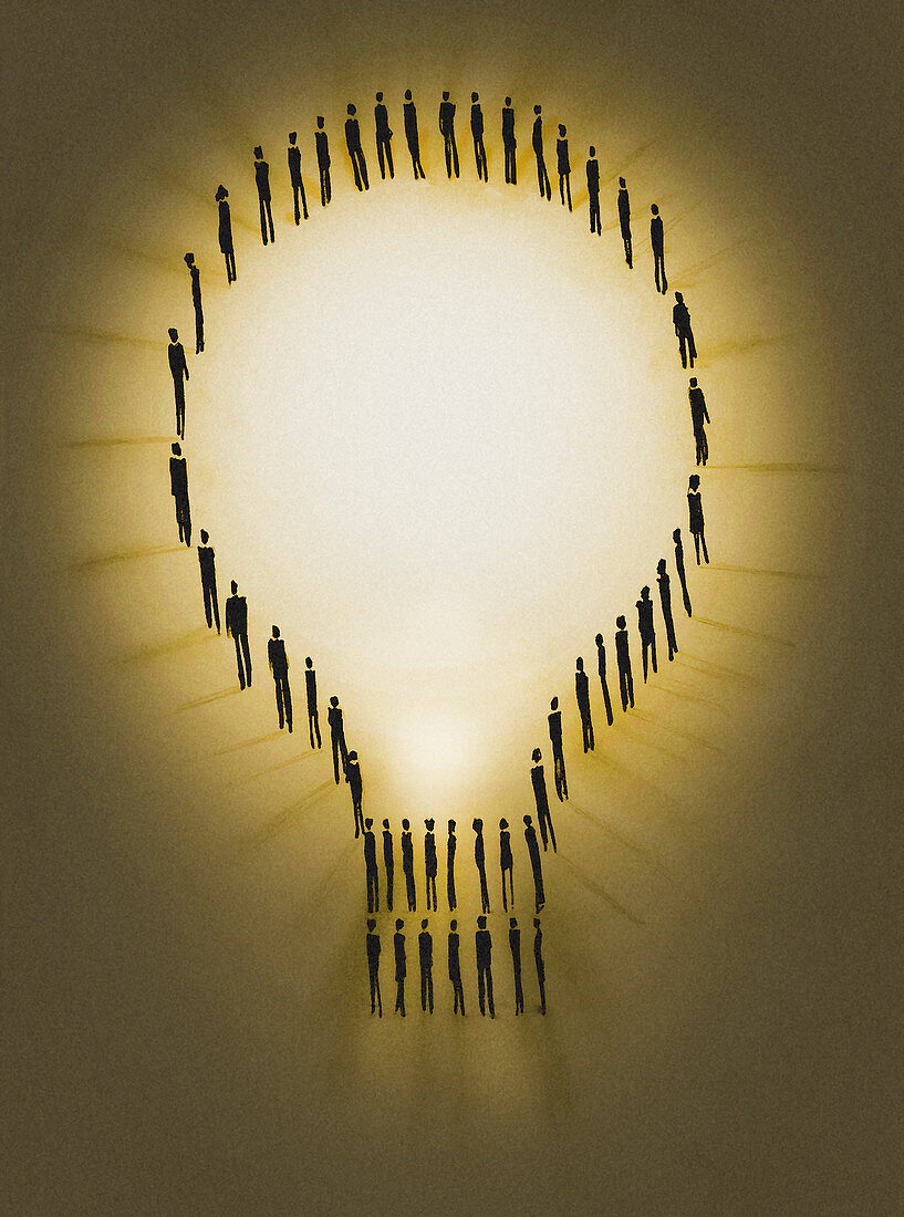 People outlining illuminated light bulb, illustration