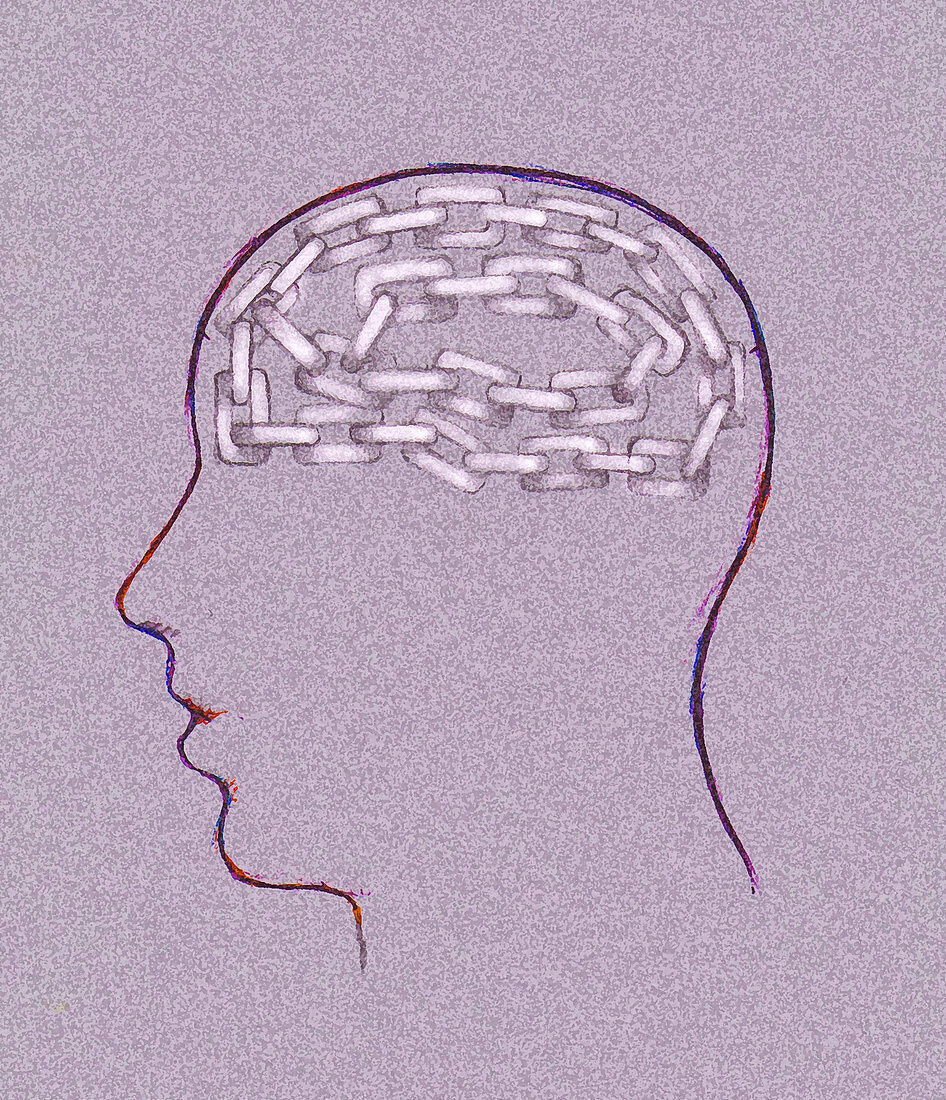 Linked chain inside man's head, illustration