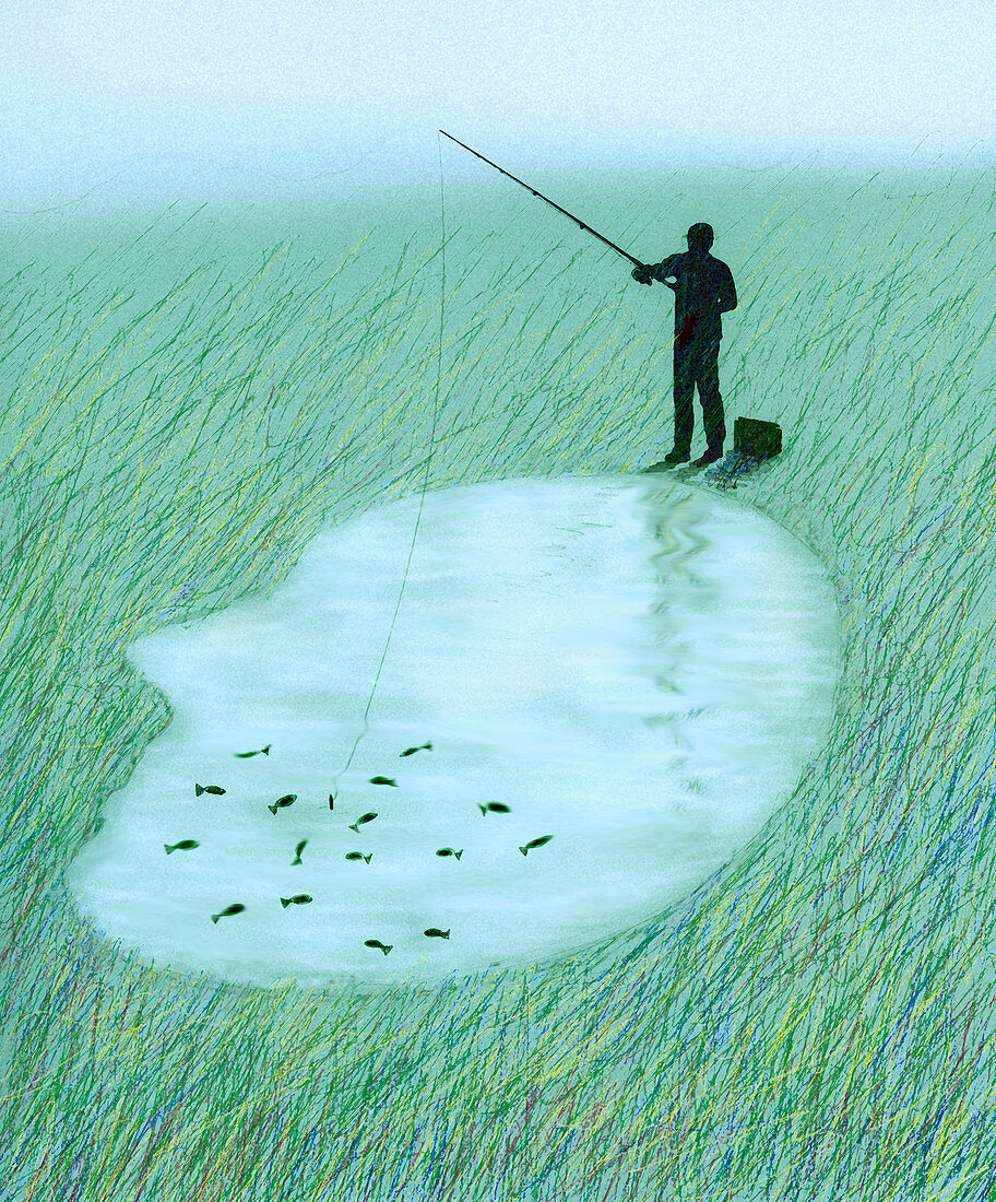 Man fishing inside lake shaped as human head, illustration