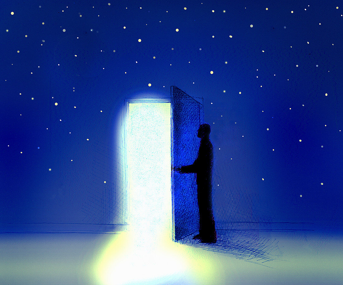 Man opening door in night sky to reveal light, illustration