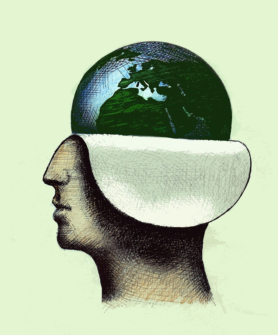 Globe revealed inside of profile of man's head, illustration