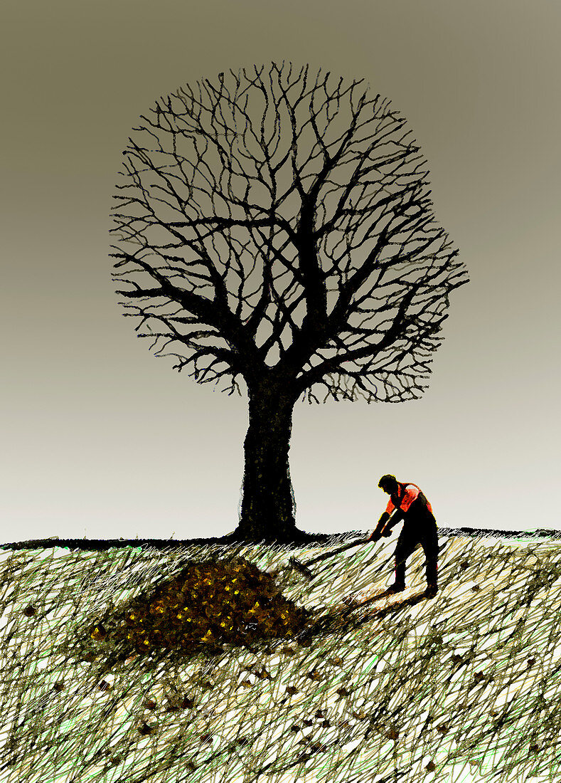 Man raking autumn leaves, illustration