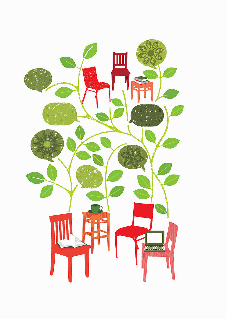 Chairs with leaves and speech bubbles, illustration