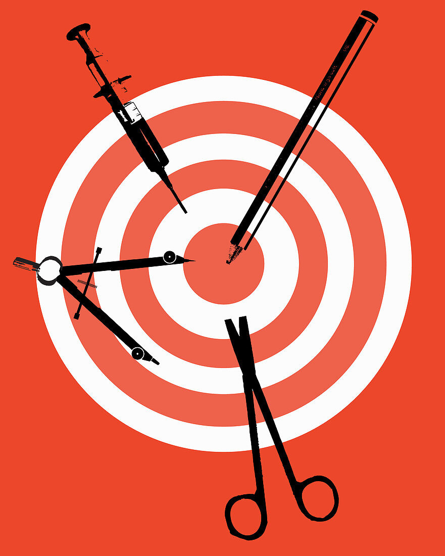 Syringe, scissors and protractor on target, illustration
