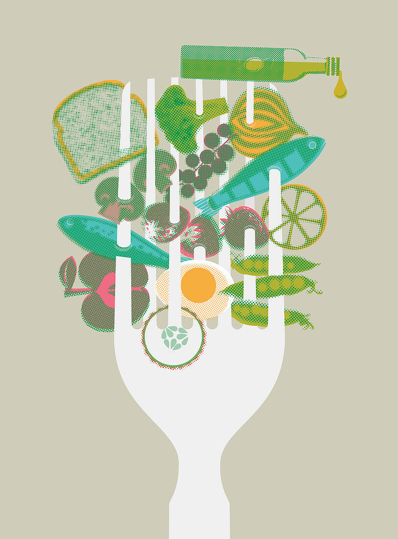 Healthy foods speared on large fork, illustration