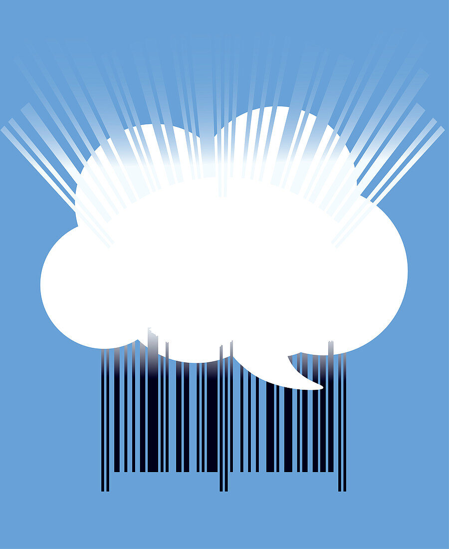 Cloud shaped speech bubble over barcode, illustration