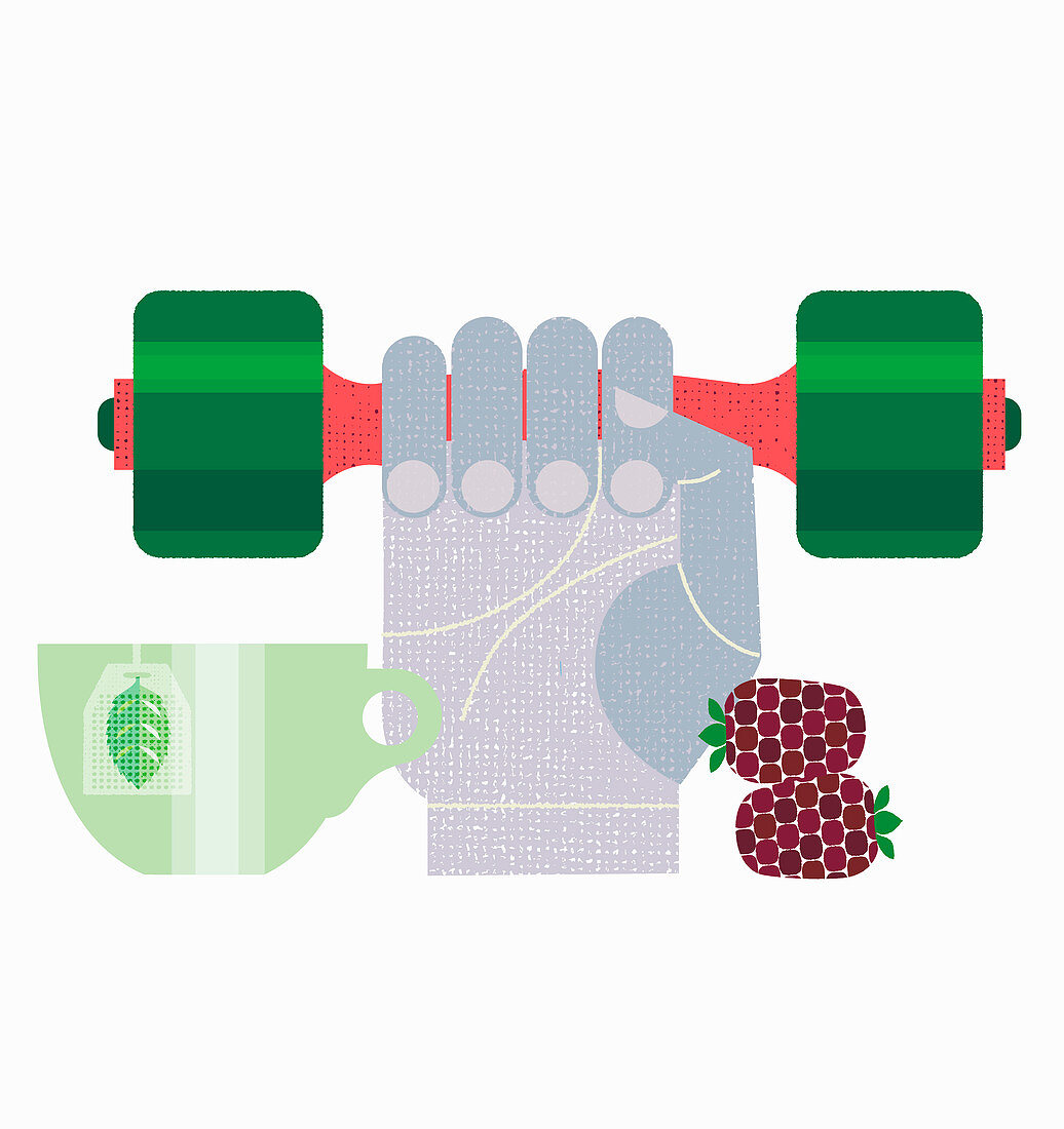 Hand lifting dumbbell next to cup of tea, illustration