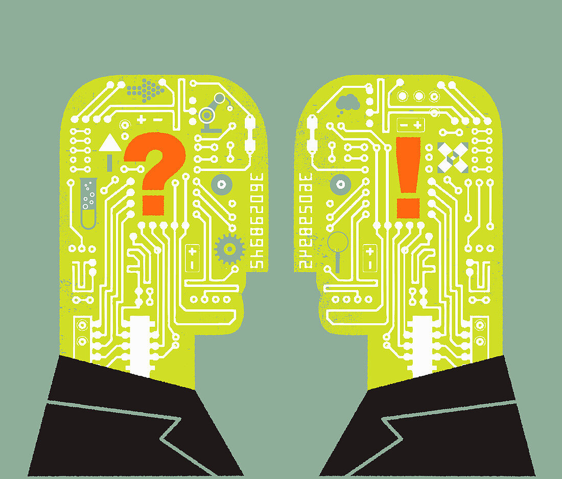 Two men face to face with circuit board heads, illustration