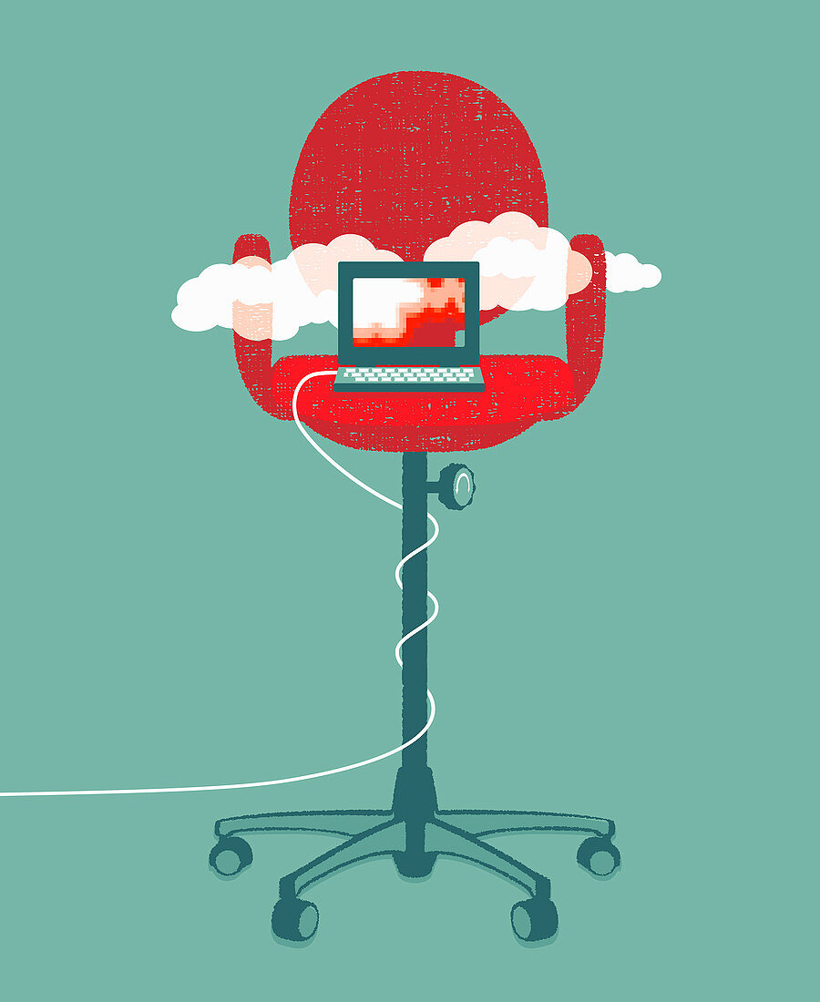 Laptop cloud computing on tall office chair, illustration