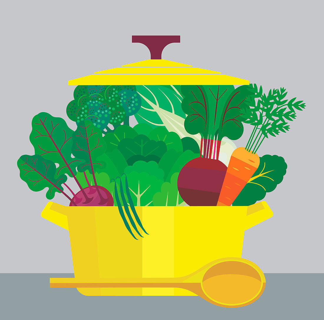 Casserole dish full of vegetables, illustration