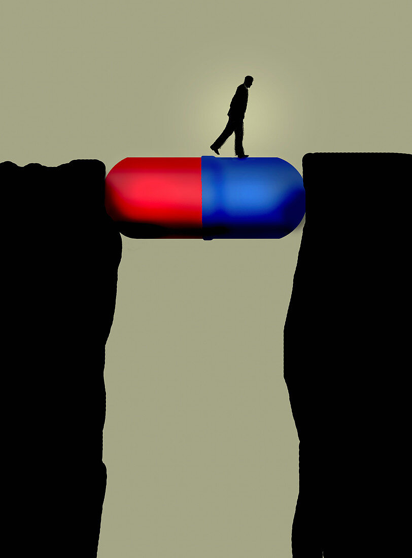 Man walking across pill capsule bridge, illustration