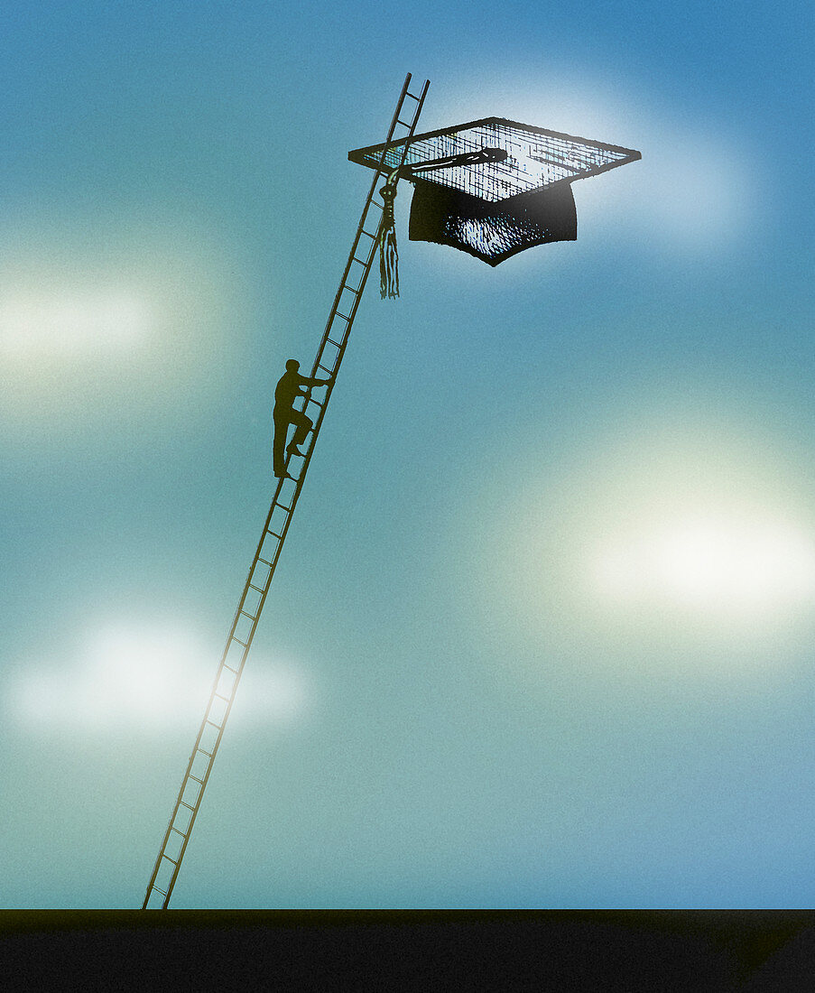 Man climbing ladder towards mortarboard in sky, illustration