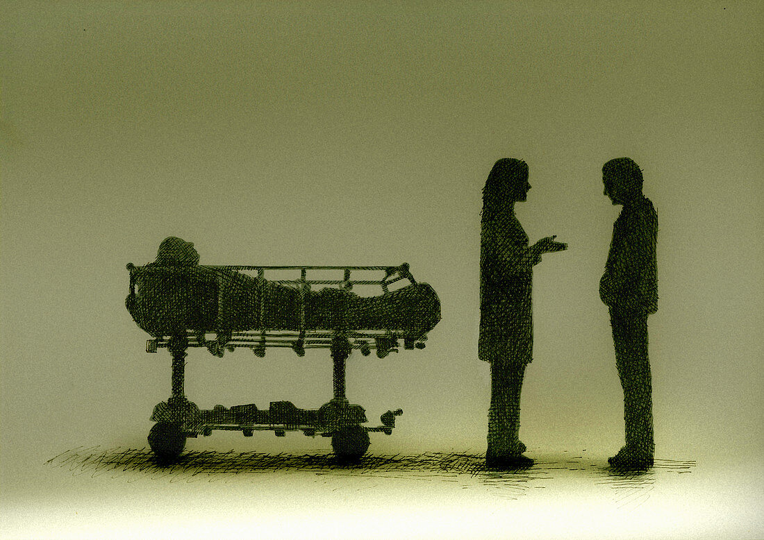 Doctor talking to relative about patient, illustration