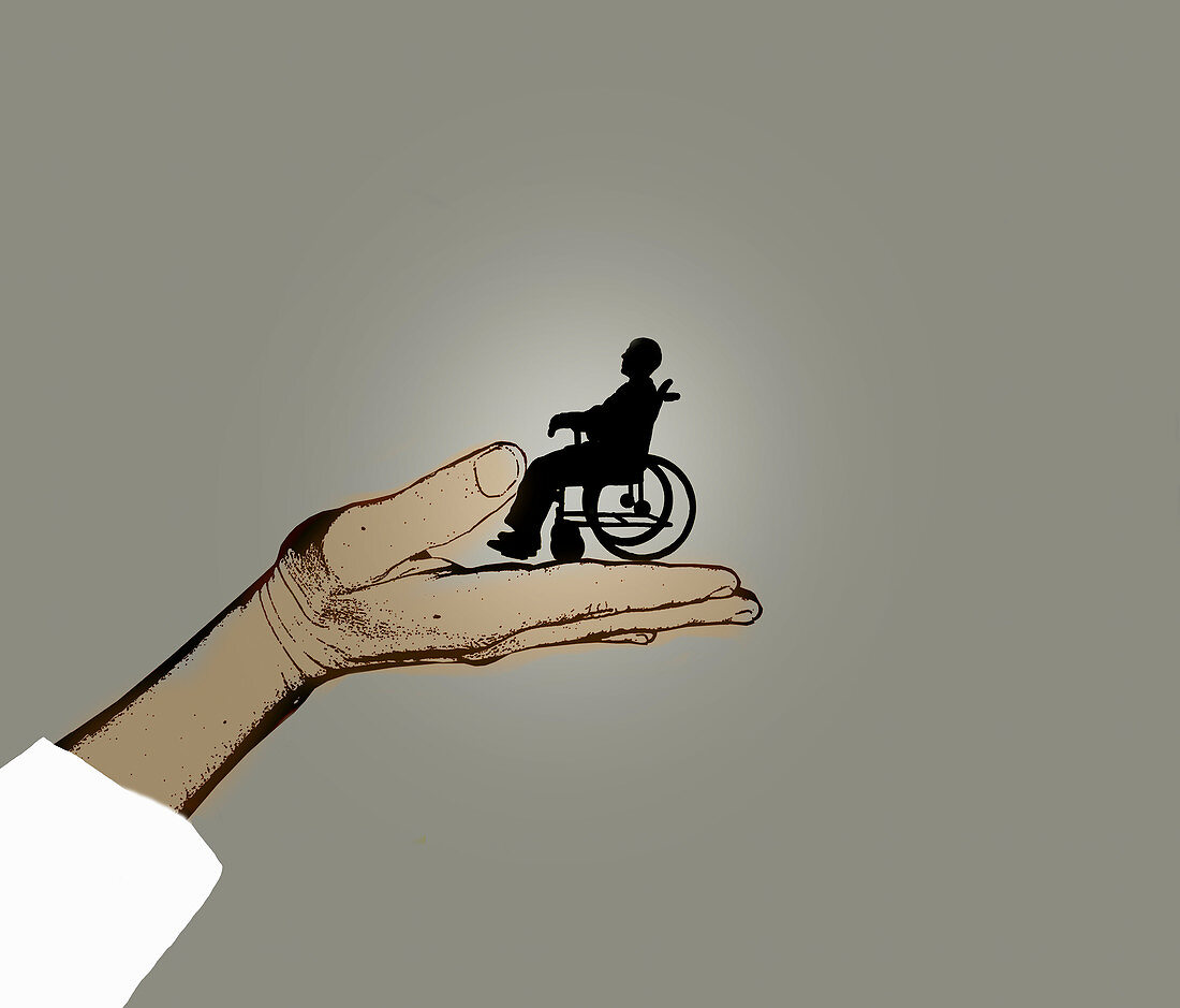 Hand supporting man in wheelchair, illustration