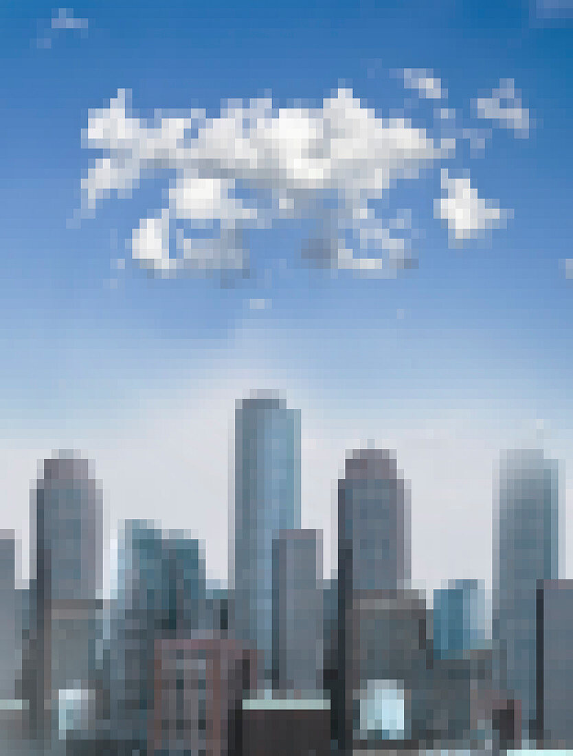 Pixelated cityscape on sunny day, illustration