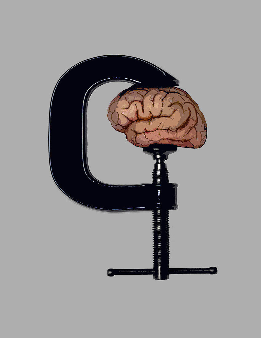 Human brain in vice grip, illustration