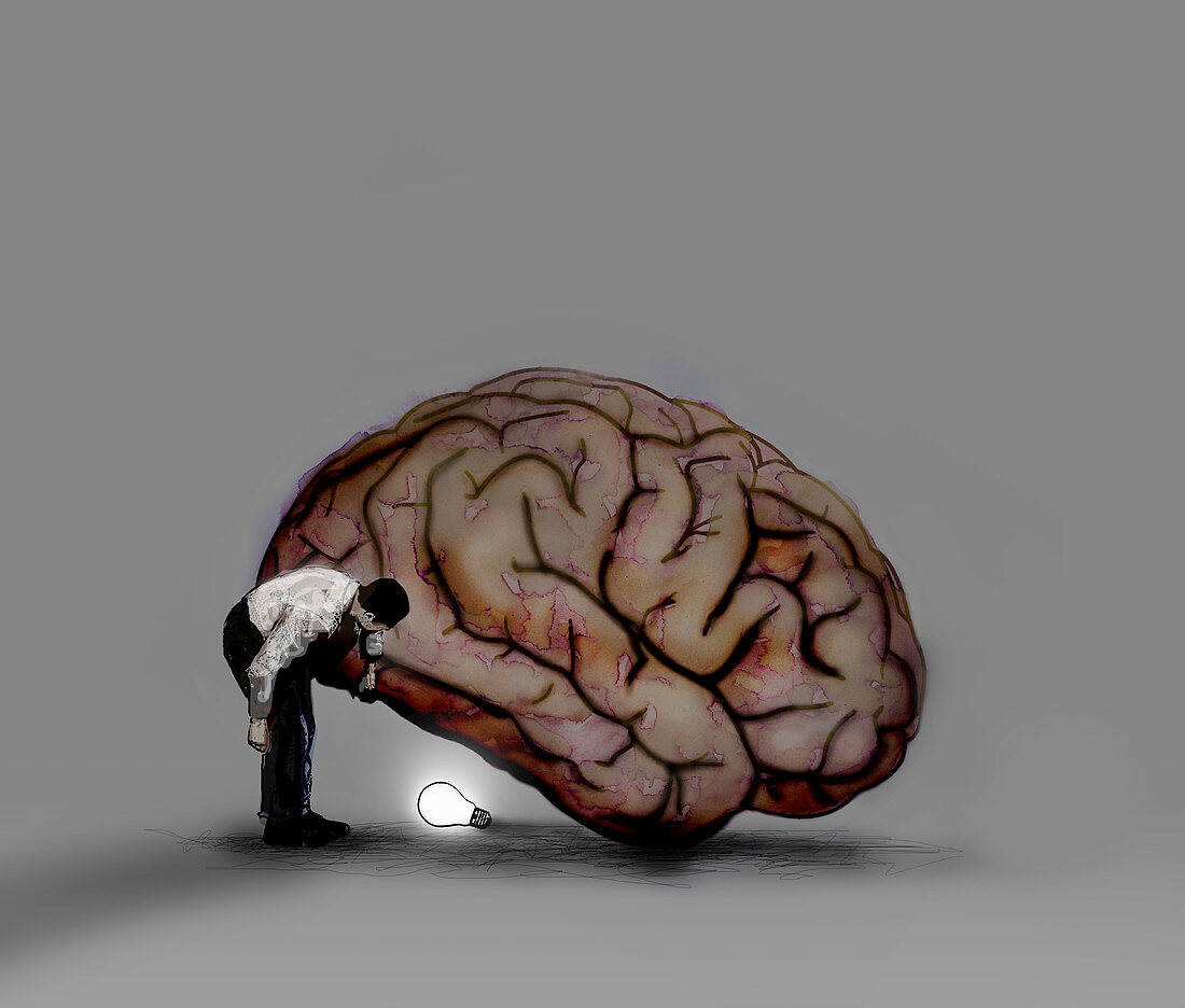 Man finding illuminated bulb underneath brain, illustration
