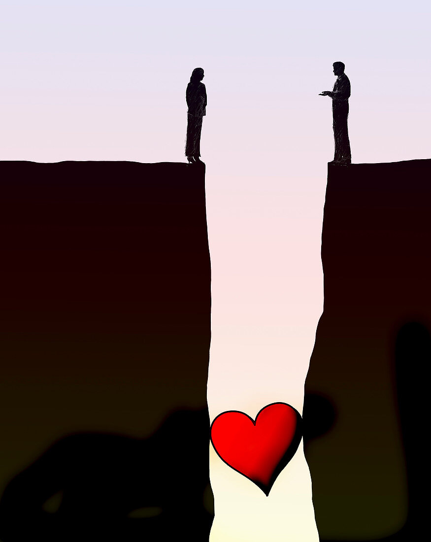 Heart stuck in gap between couple, illustration