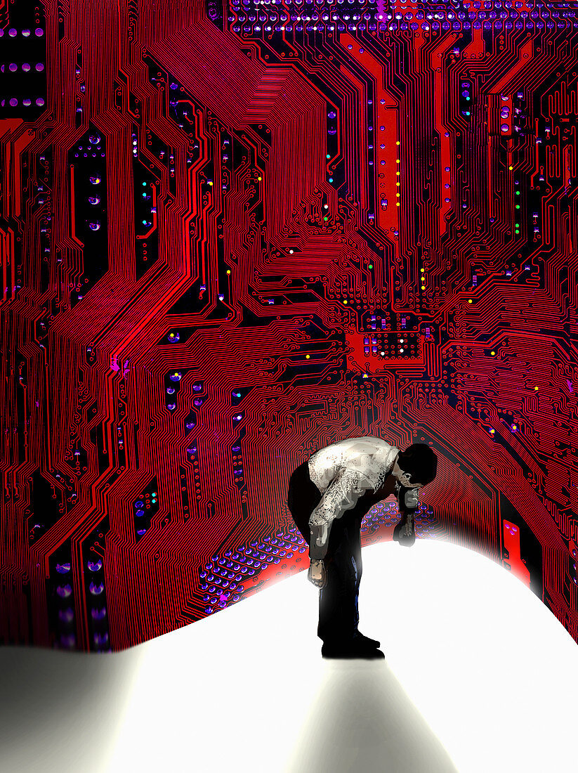 Man lifting up and looking under circuit board, illustration