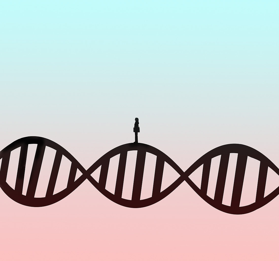 Woman standing on DNA double helix, illustration