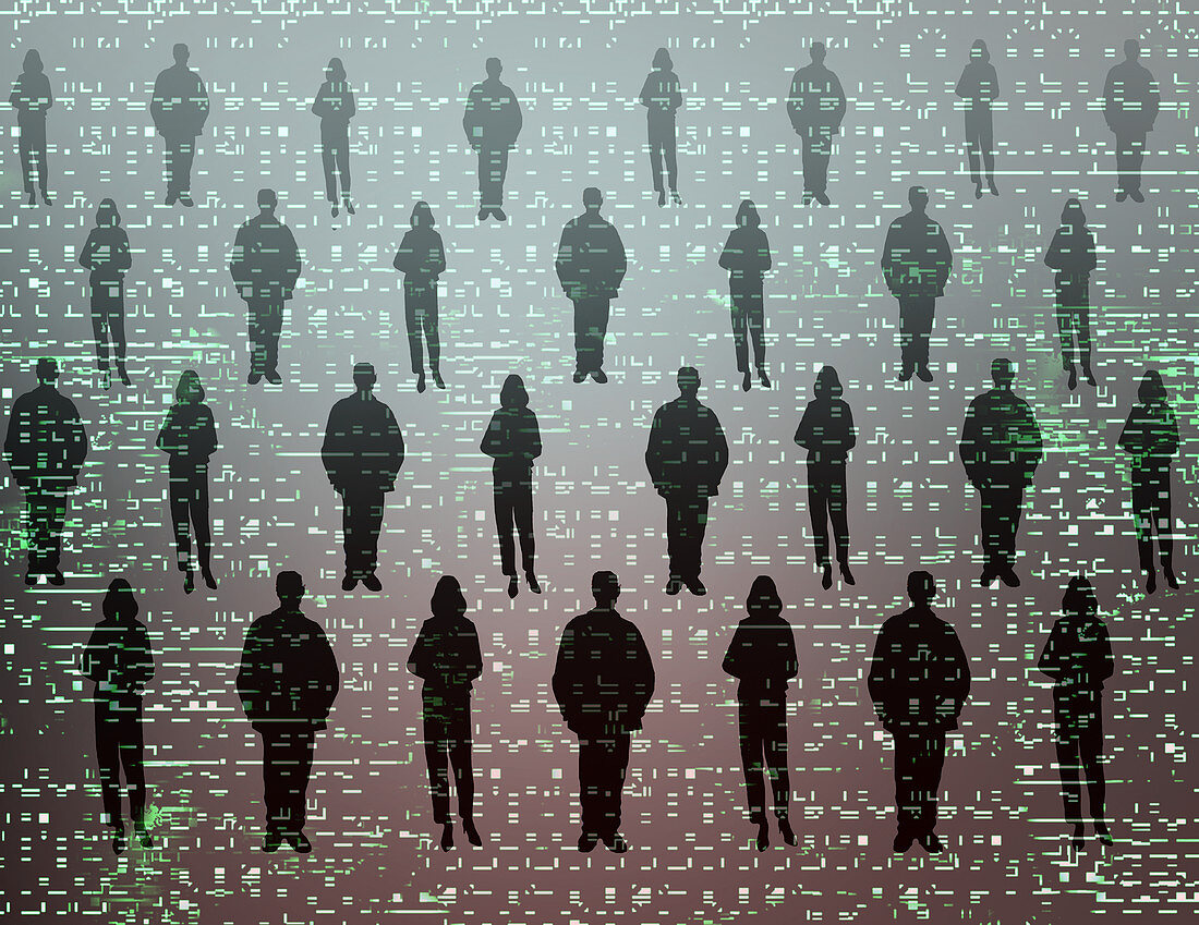 Rows of people over computer code pattern, illustration