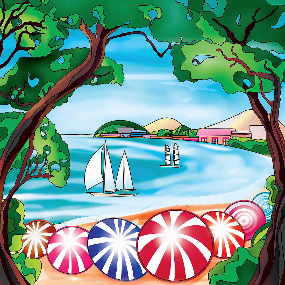 Beach umbrellas and sailboats in bay, illustration