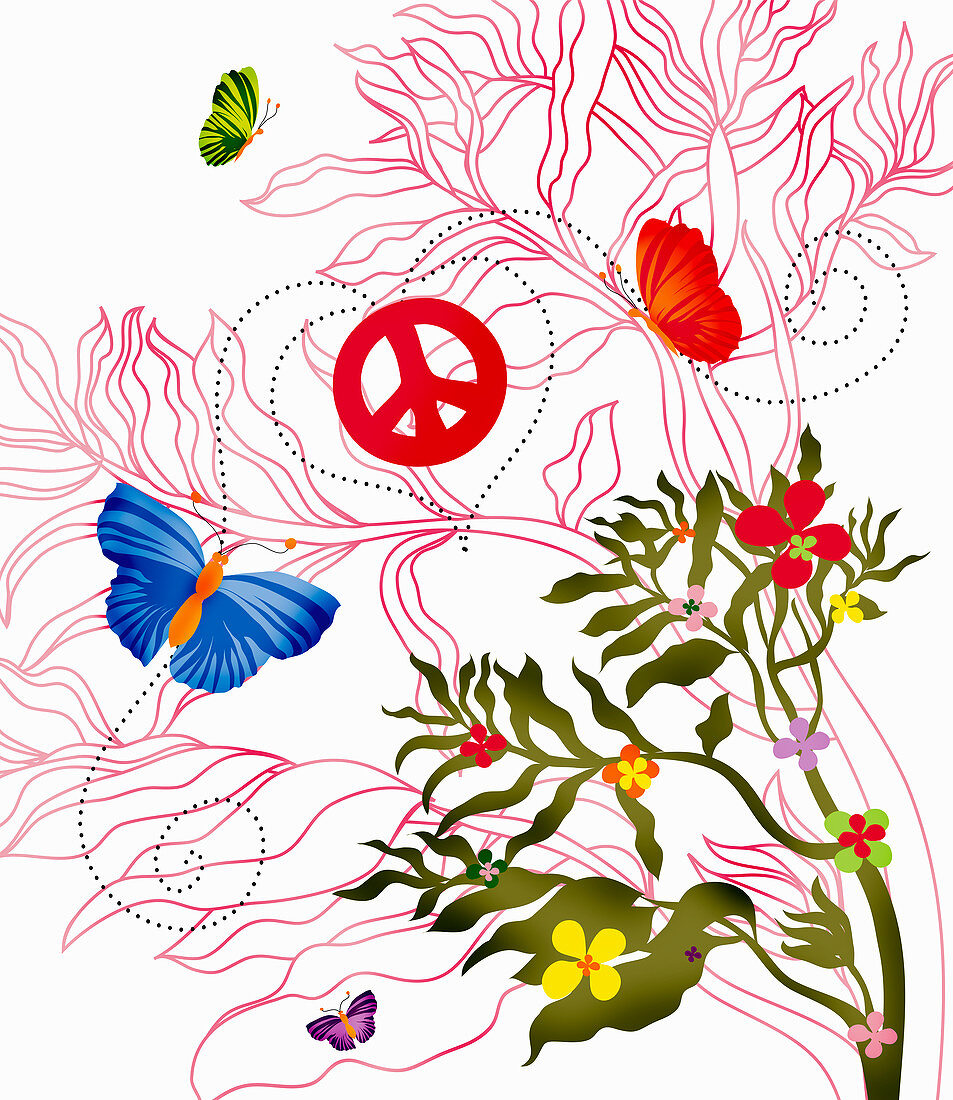 Flowers and butterflies with peace symbol, illustration