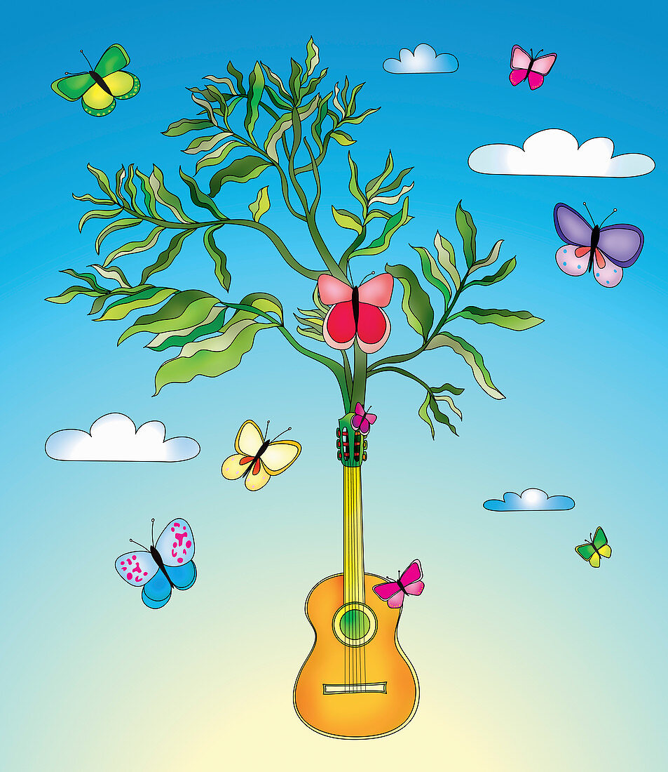 Butterflies and plant growing from guitar, illustration