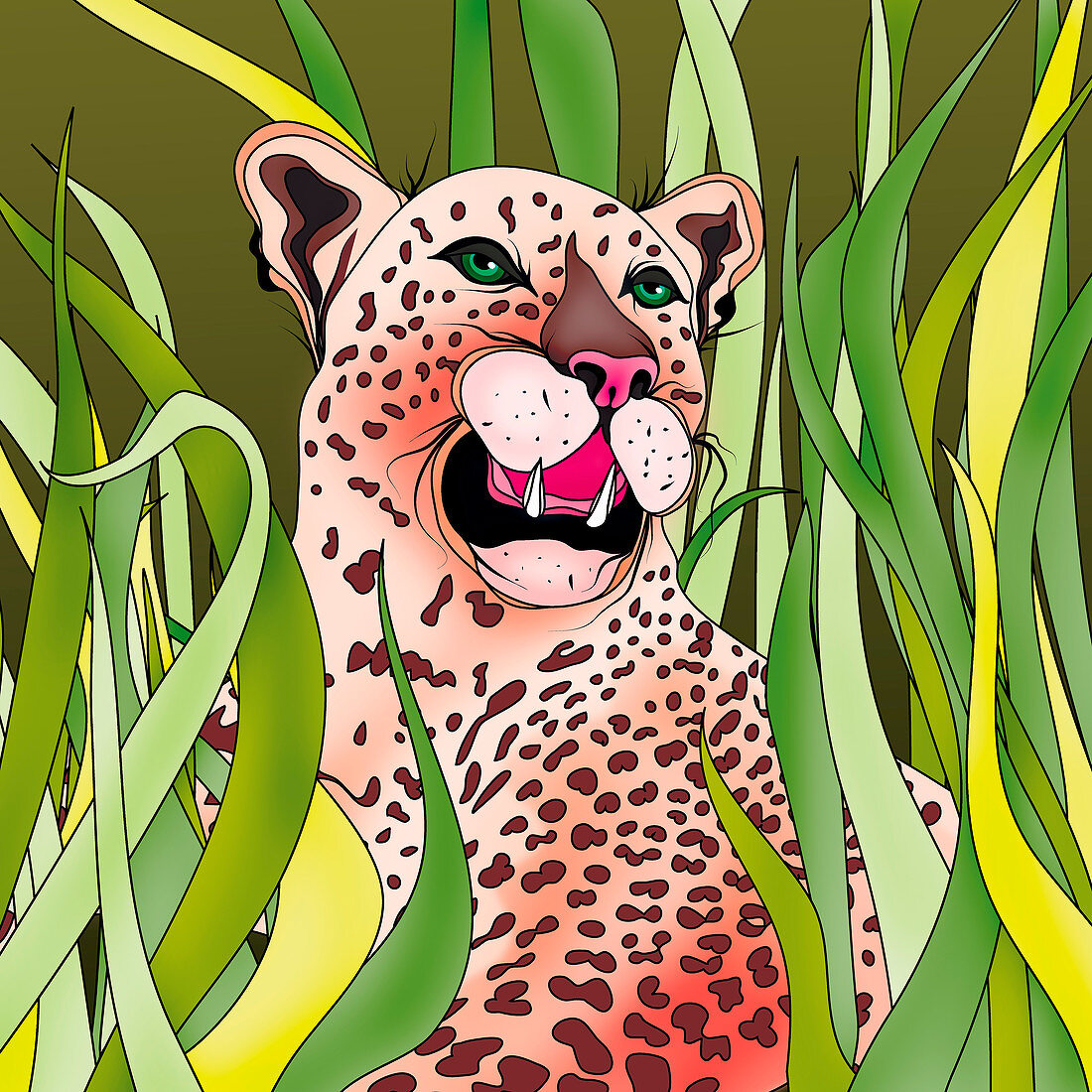 Leopard laying in tall grass, illustration