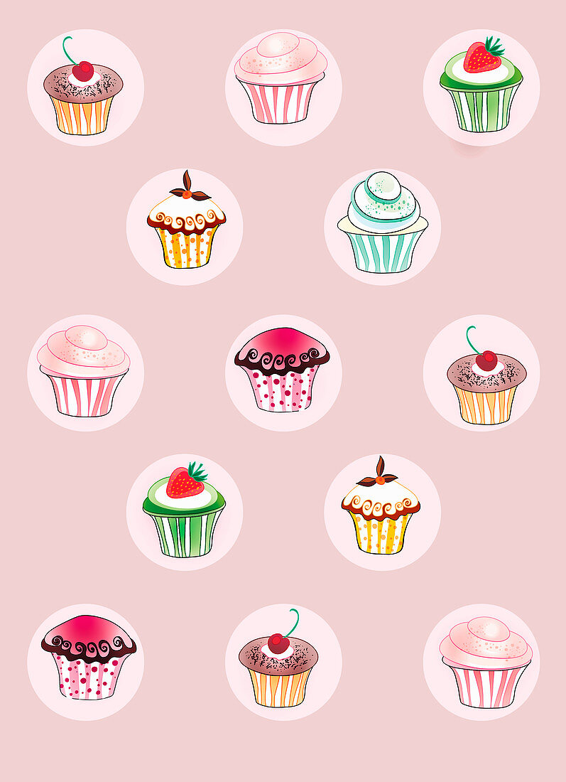 Pattern of cupcakes on pink background, illustration