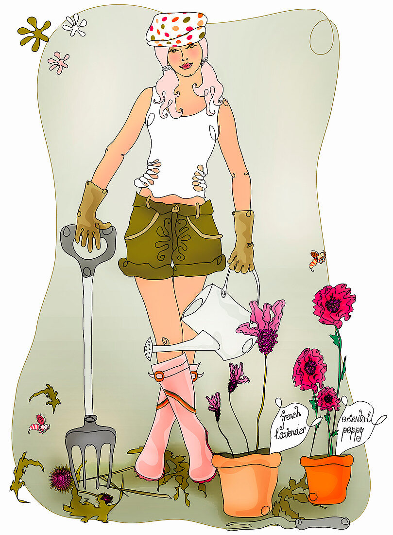 Young woman gardening, illustration