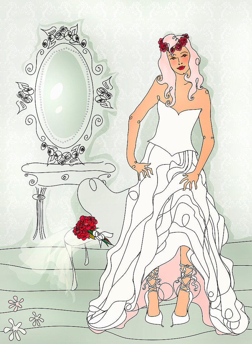 Bride wearing wedding dress, illustration
